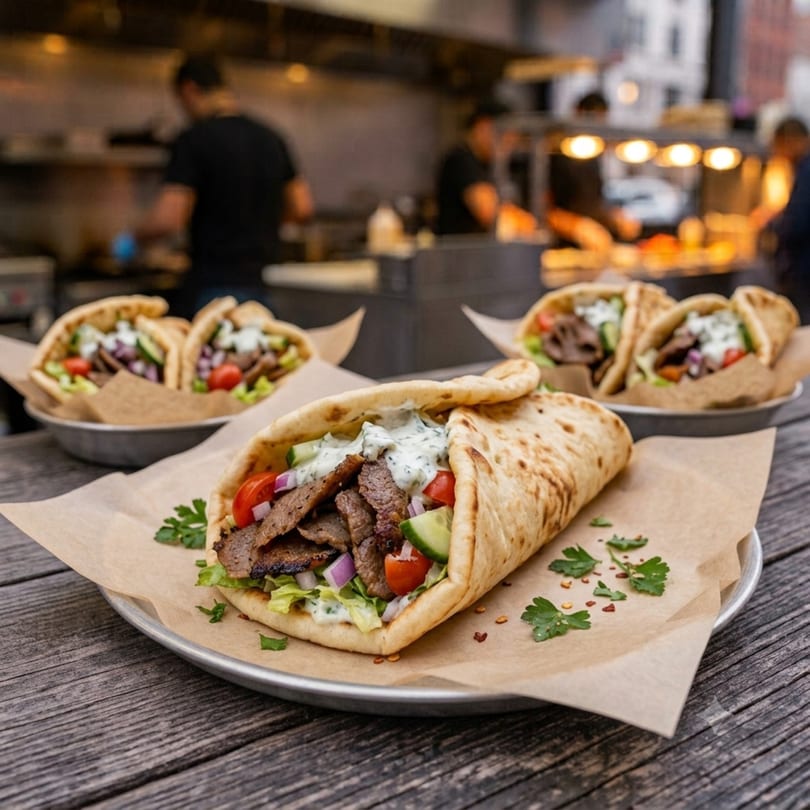 Three gyros with meat, vegetables, and white sauce on a wooden table, with chefs in the background.