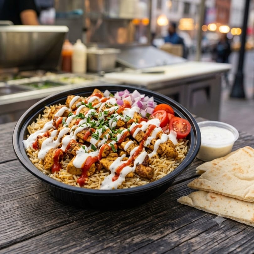 Chicken and rice platter with white and red sauce, tomatoes, onions, and pita bread on a wooden table.