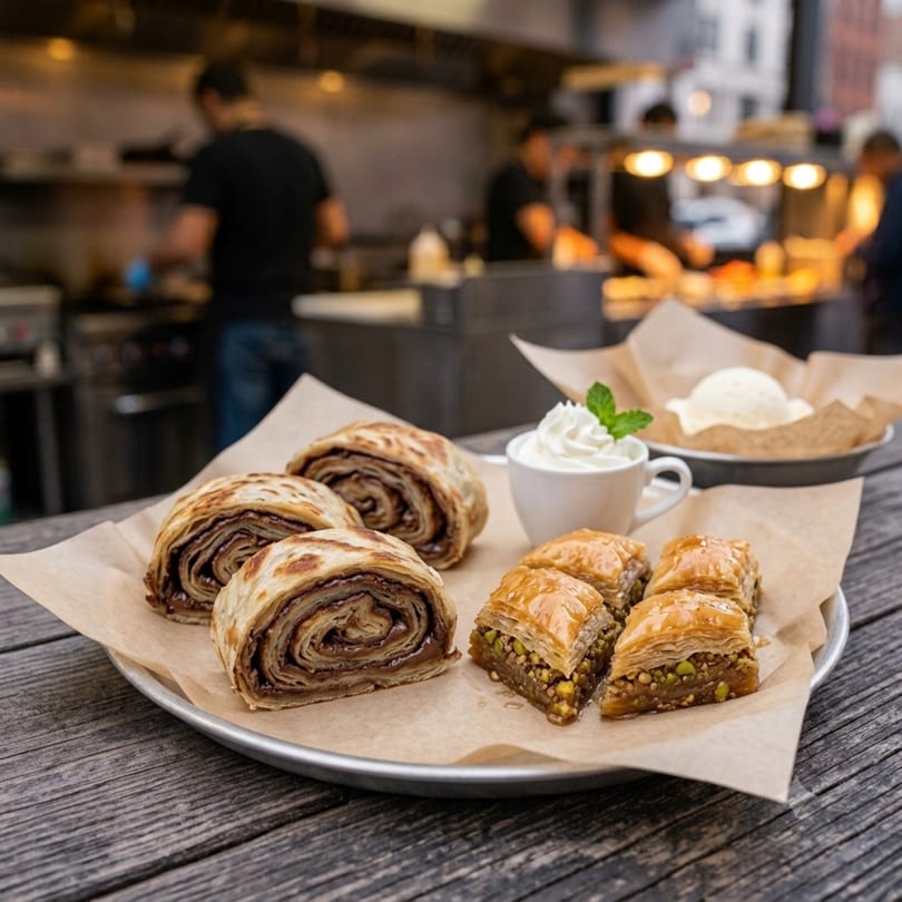 Dessert platter with chocolate rolls, baklava, whipped cream, and ice cream on a wooden table.