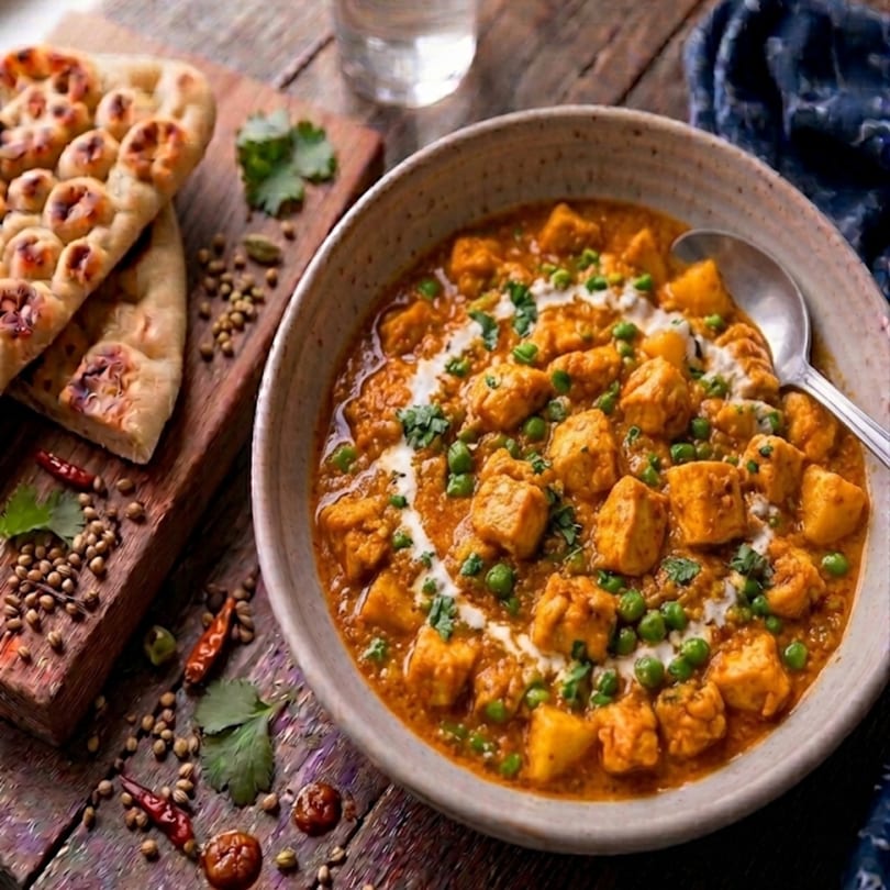 A bowl of paneer butter masala with peas, garnished with cream and cilantro, served with naan bread.