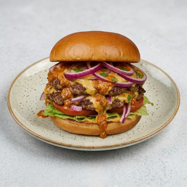 Tikka Masala Double Smashed Beef Burger (🟢).