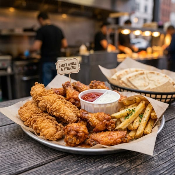A platter of fried chicken tenders, wings, and french fries with dipping sauces on a wooden table.
