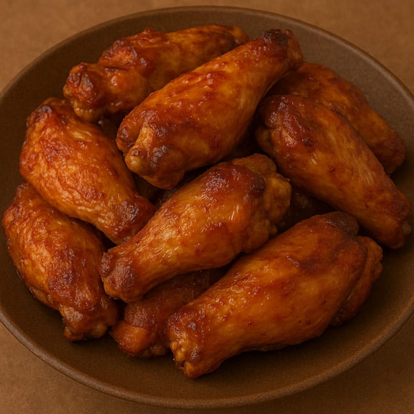 A close-up of a brown bowl filled with several glistening, golden-brown chicken wings.
