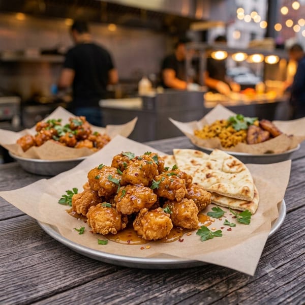 Crispy fried chicken bites with sauce and flatbread on a wooden table, with chefs cooking in the background.