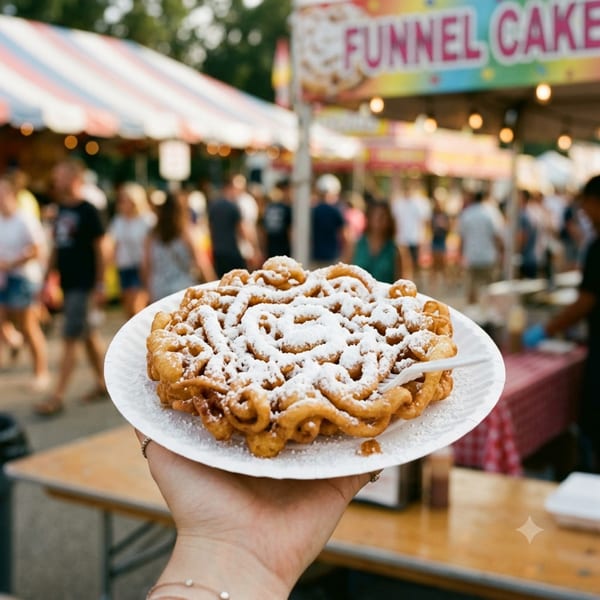 A hand holds a paper plate of funnel cake dusted with powdered sugar at a lively outdoor fair.