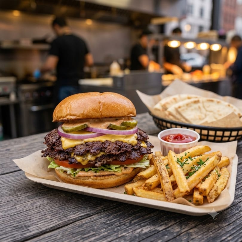 A double smash burger with fries and ketchup on a wooden table, with a kitchen in the background.