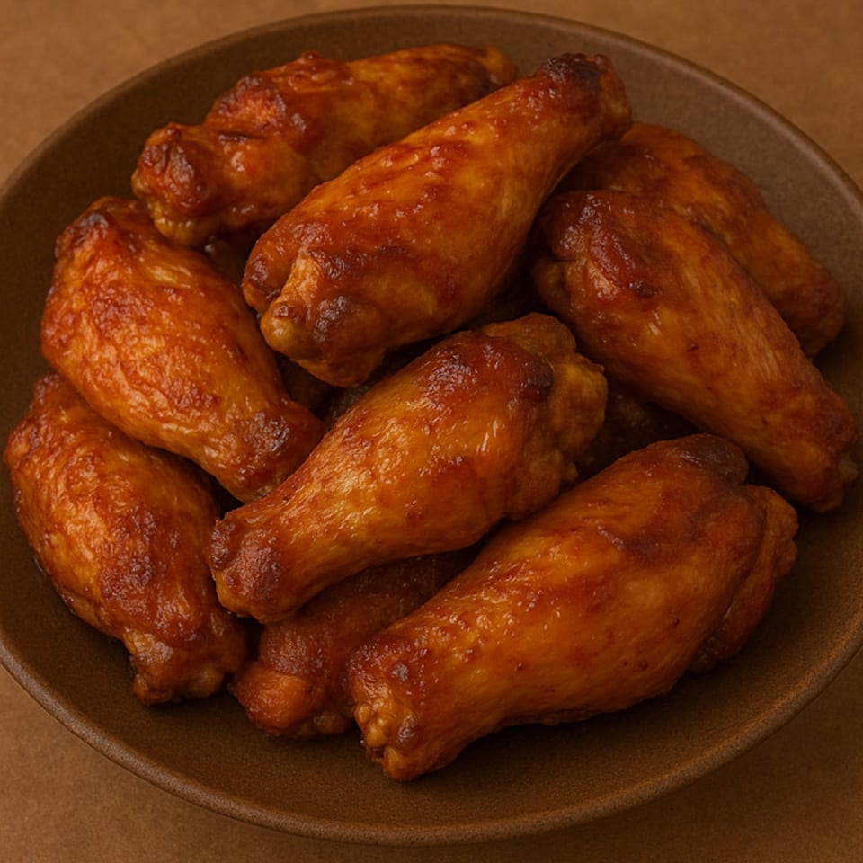 A close-up of a brown bowl filled with golden-brown, glazed chicken wings.