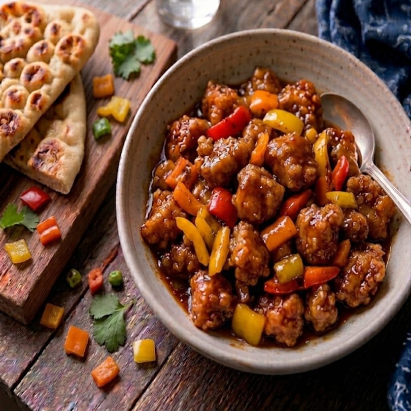 Sweet and sour chicken with bell peppers in a bowl, served with naan bread on a wooden board.