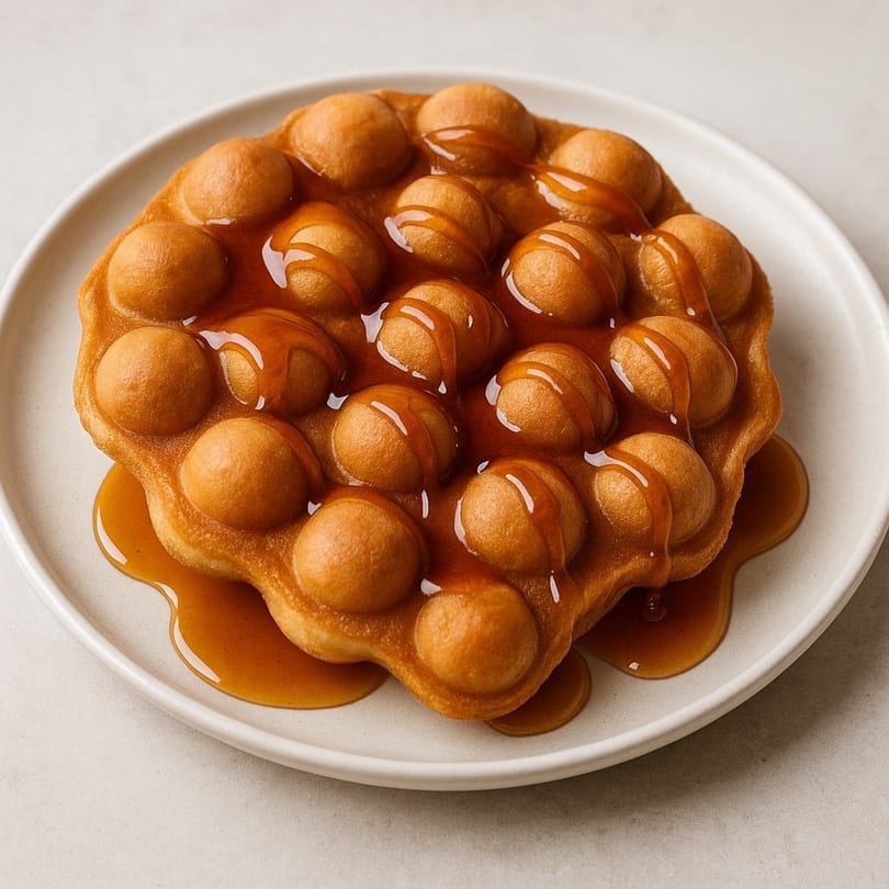 Golden brown bubble waffle, also known as an egg waffle or eggette, drizzled with syrup on a white plate.