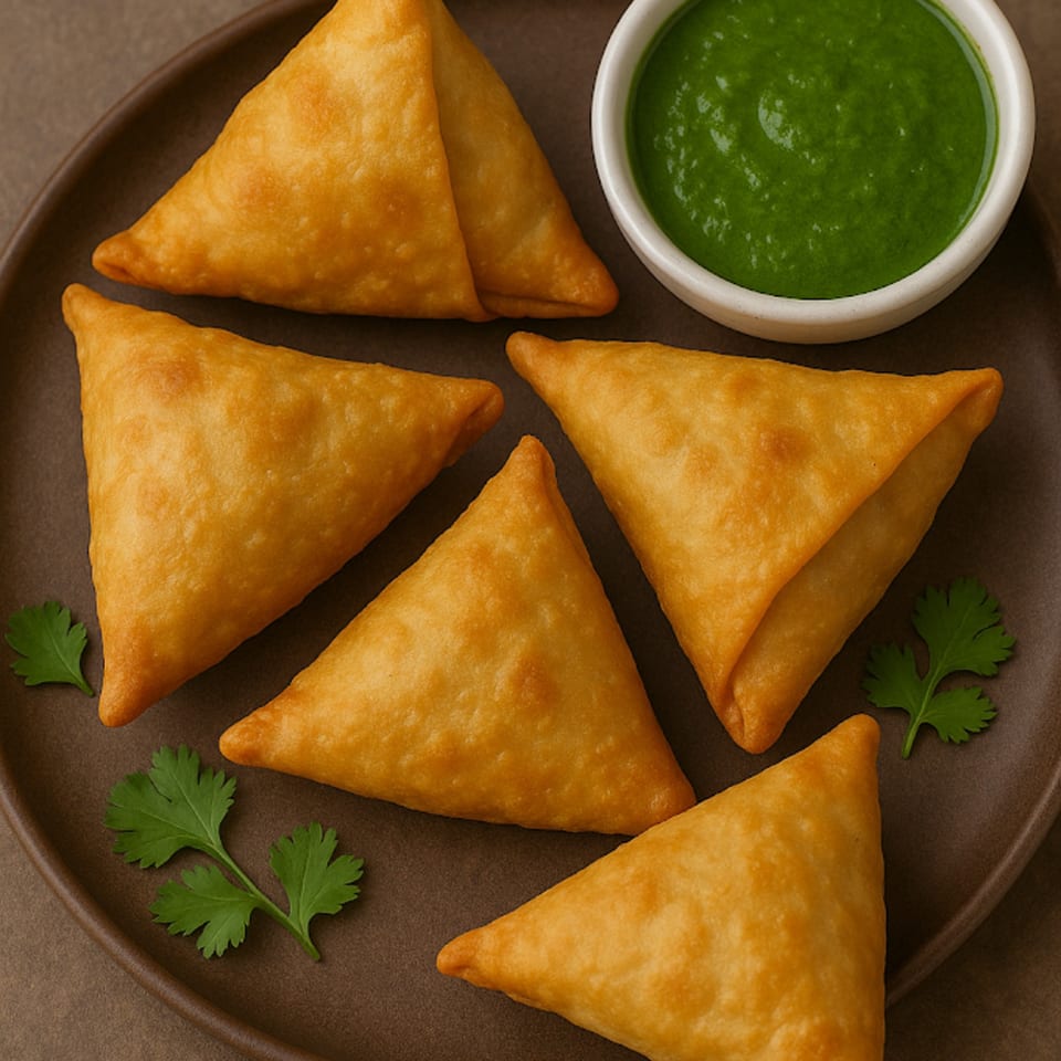 Five golden-brown samosas and fresh cilantro on a brown plate, with a side of green chutney.