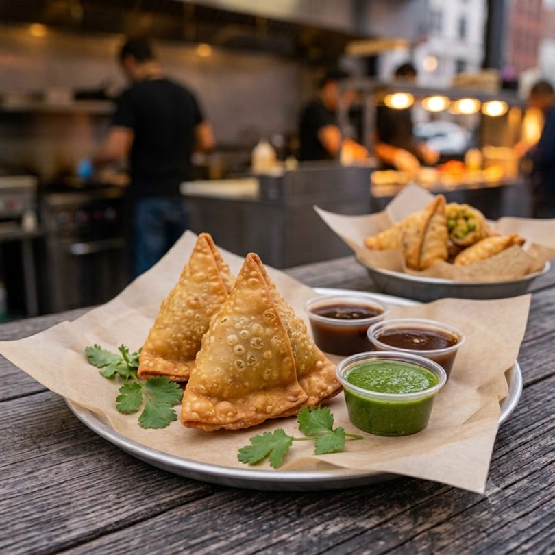 Crispy samosas with cilantro and dipping sauces on a metal tray, with a blurred kitchen in the background.