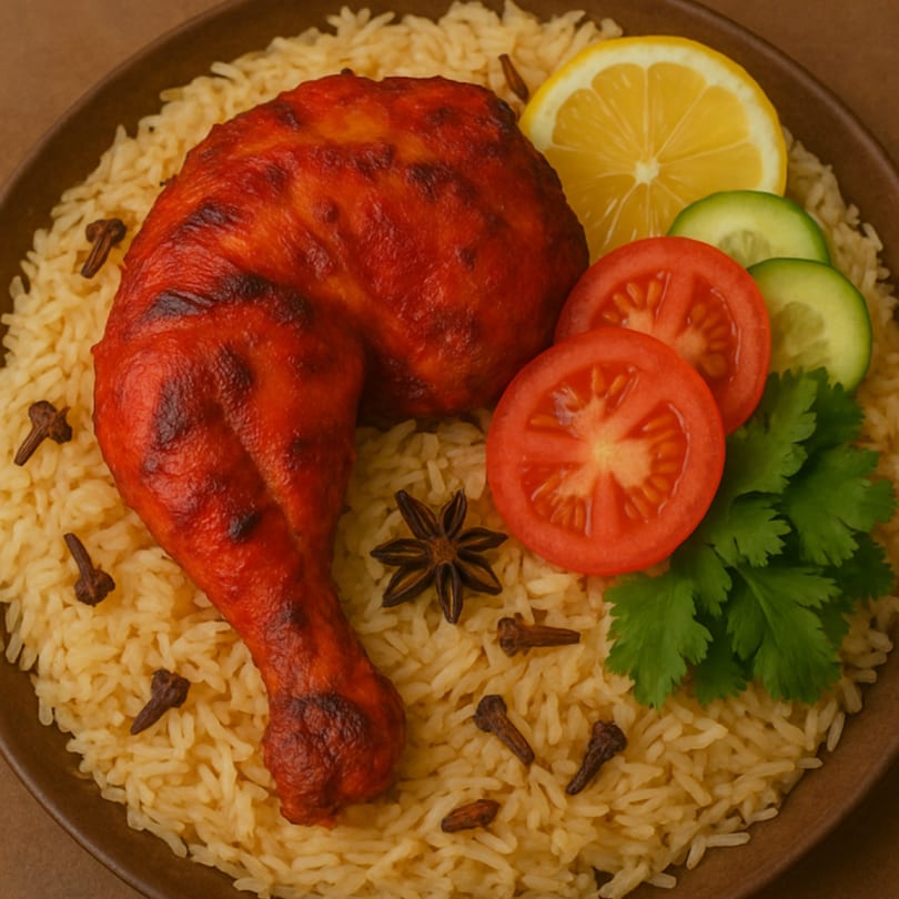 A plate of chicken biryani with a red chicken leg, lemon, tomatoes, and cucumbers.