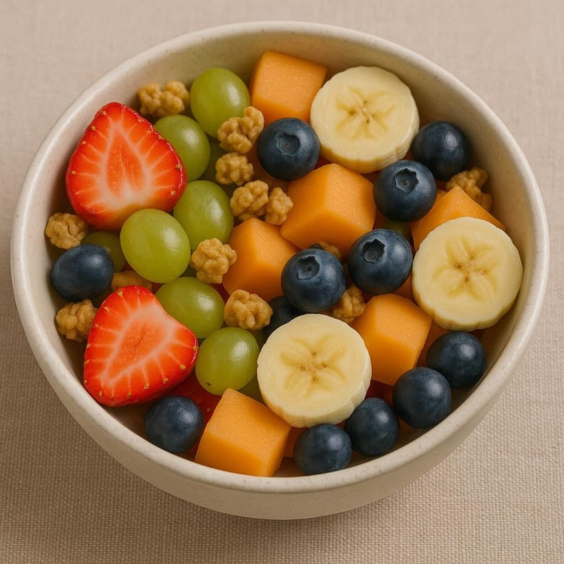 A bowl of fresh fruit salad with strawberries, blueberries, grapes, cantaloupe, and banana slices.