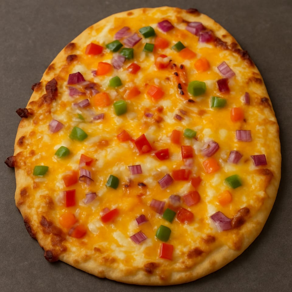 A golden-crusted pizza topped with melted cheese, diced red onions, green, and red bell peppers.
